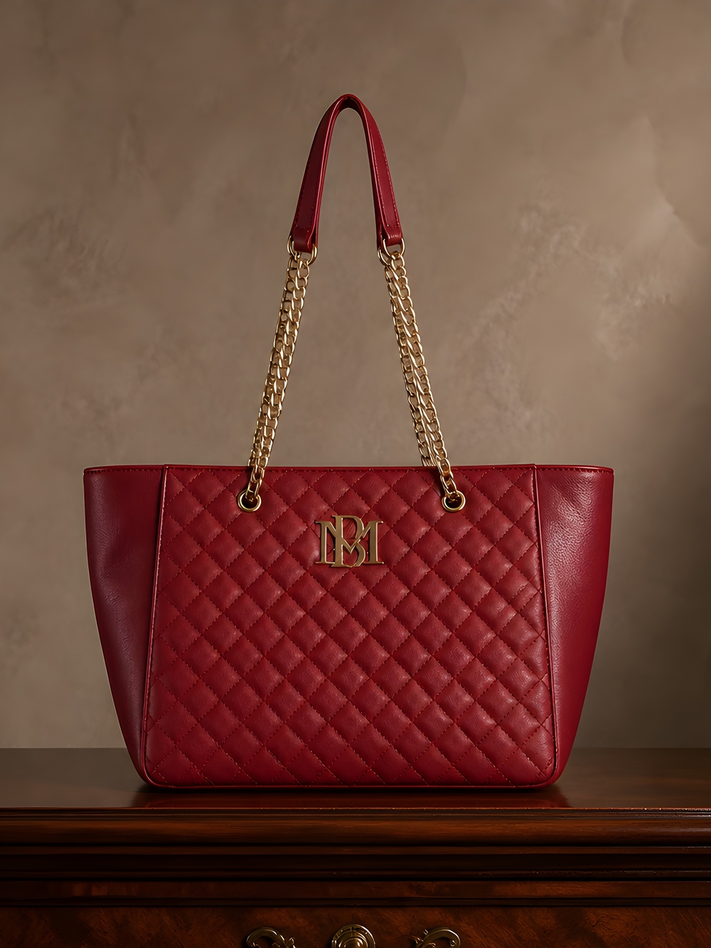 Badgley Mischka Red Quilted Tote with Gold Chain Handles